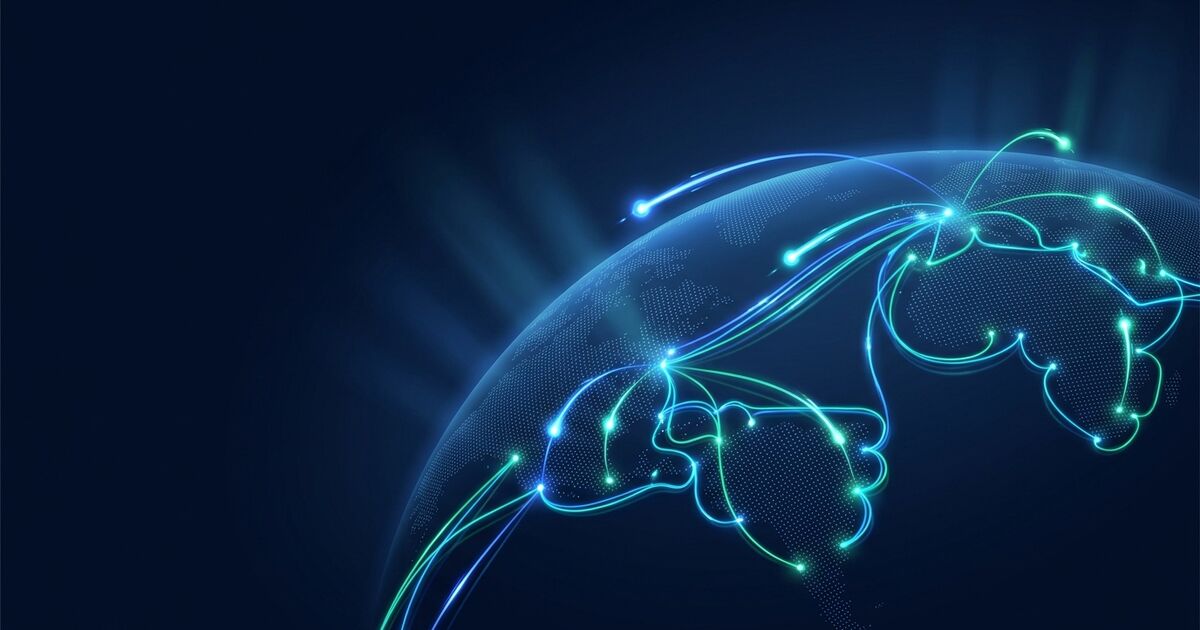 World map with fiber-optic routes linking Seoul, Tokyo, Singapore, Sydney, Virginia, Oregon, Frankfurt and London, each route labeled with its round-trip time